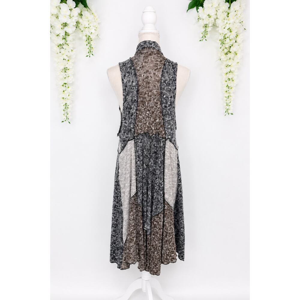 Lagenlook Open Knit Duster Vest Large Wool Blend Gray Marled Waterfall Boho - Picture 4 of 15